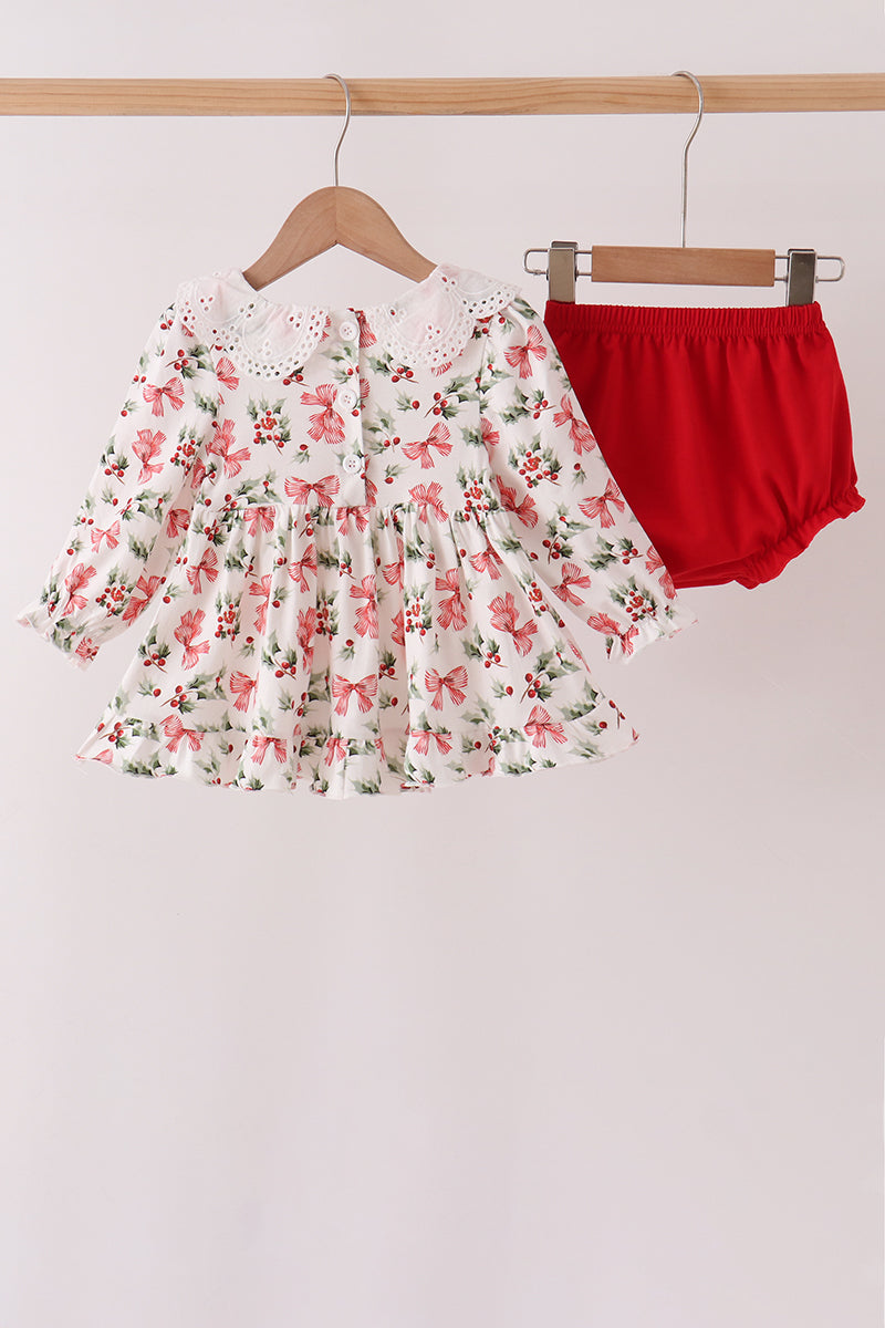 Red Holly Bow Smocked Lace Bloomer Set