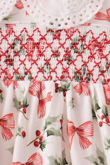 Red Holly Bow Smocked Lace Ruffle Pants Set