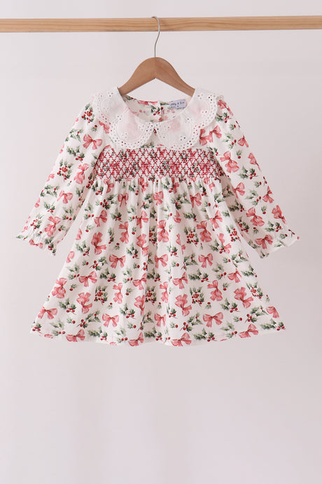 Red Holly Bow Smocked Lace Dress