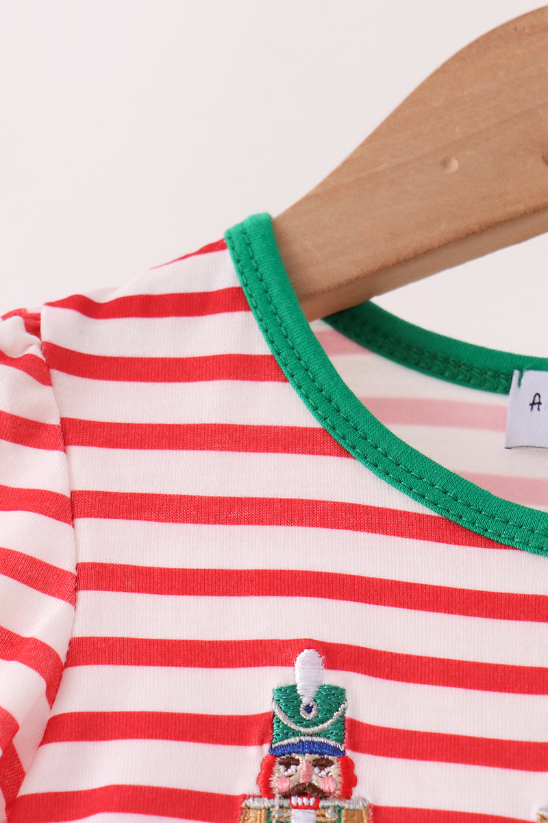 Red Nutcracker Embroidery Stripe Ruffle Bubble