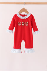 Red Reindeer French Knot Ruffle Romper