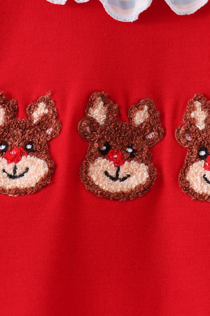 Red Reindeer French Knot Ruffle Romper