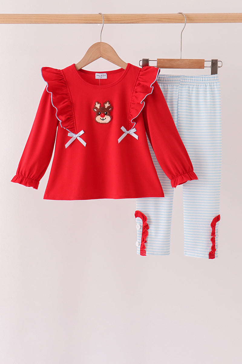 Red Reindeer French Knot Ruffle Pants Set
