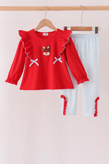 Red Reindeer French Knot Ruffle Pants Set