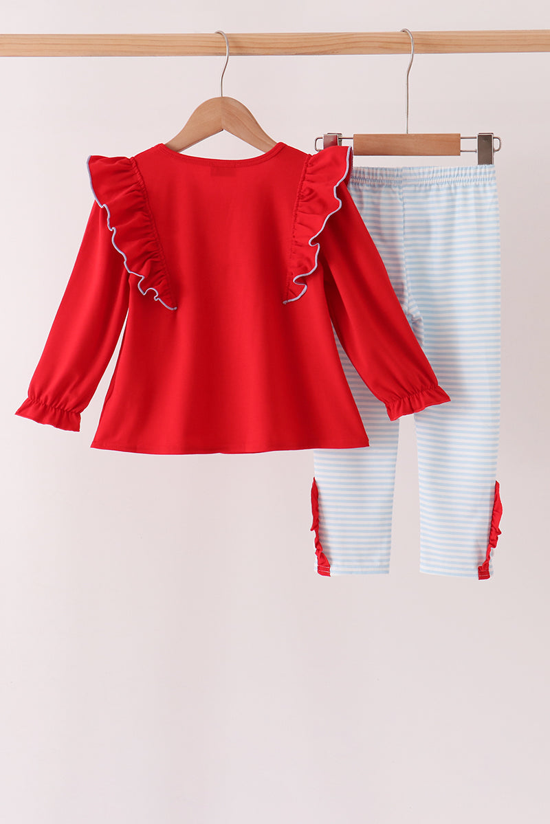 Red Reindeer French Knot Ruffle Pants Set