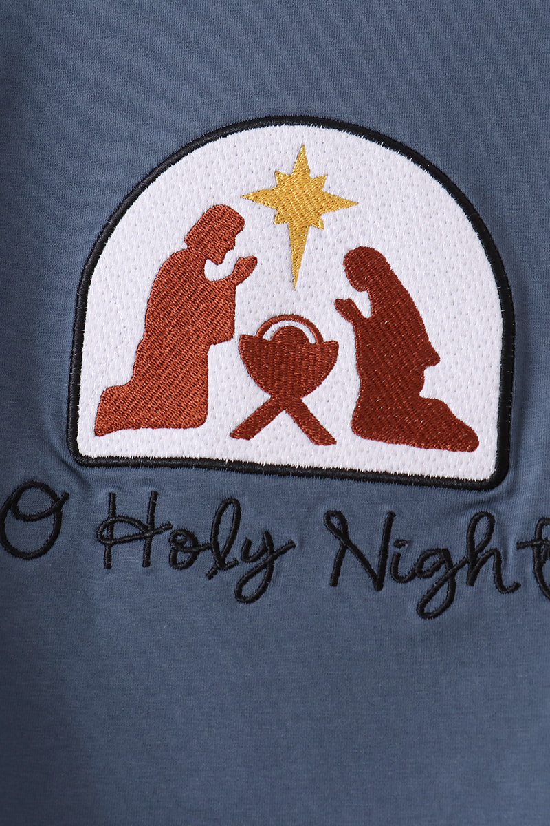 Blue Nativity Embroidery Ruffle Pants Set