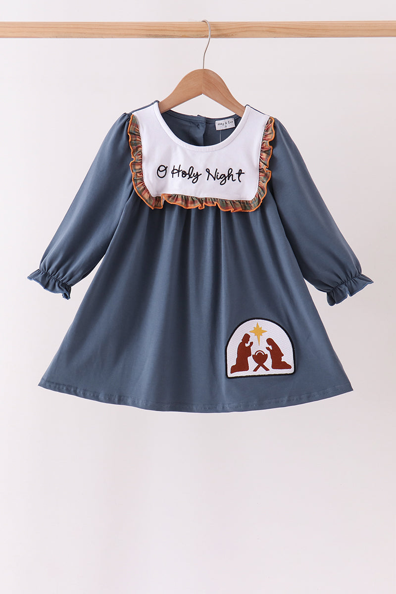 Blue Nativity Embroidery Ruffle Dress