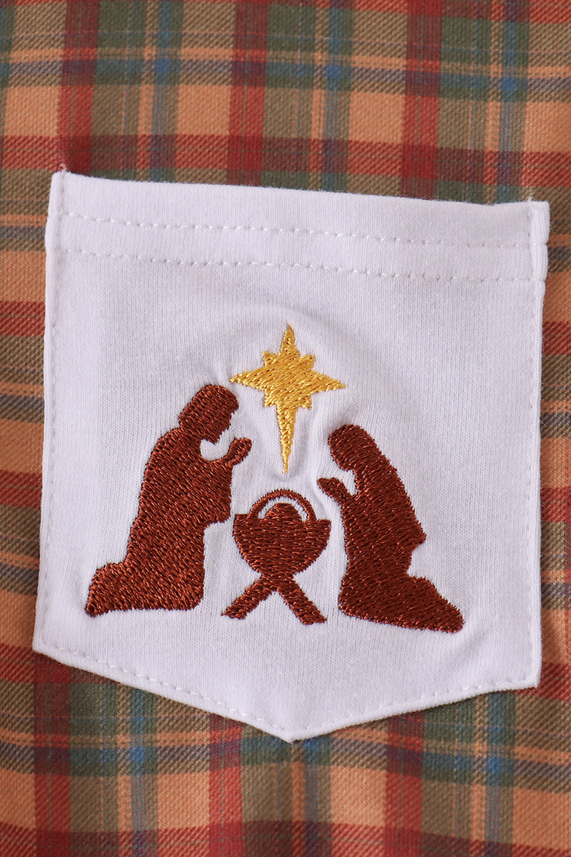 Brown Nativity Embroidery Button Down Shirt