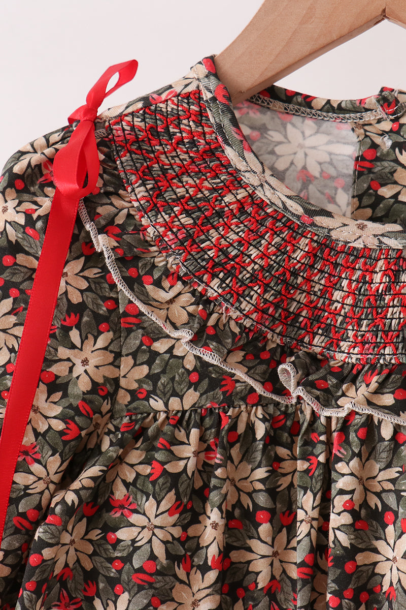 Red Floral Smocked Pants Set