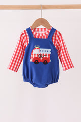 Blue Fire Truck Applique Gingham 2pc Set