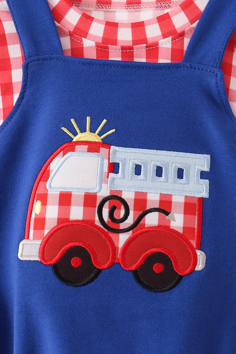 Blue Fire Truck Applique Gingham 2pc Set