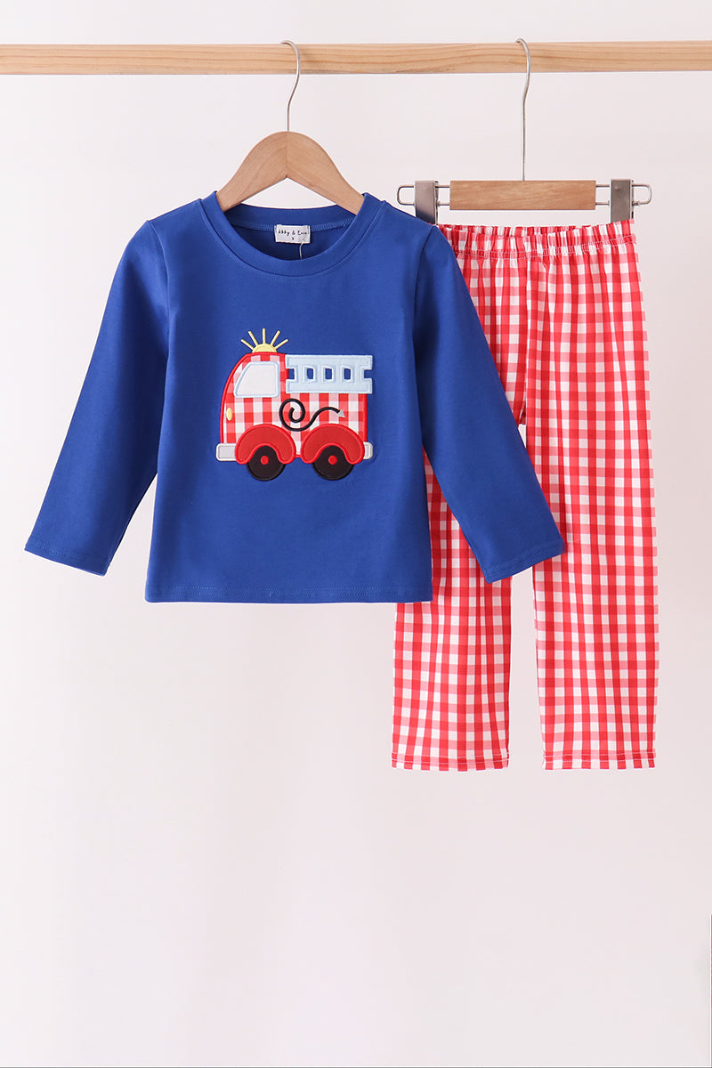 Blue Fire Truck Applique Gingham Pants Set