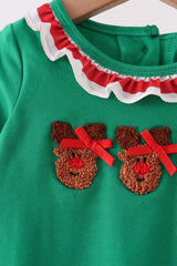 Green Reindeer French Knot Ruffle Romper