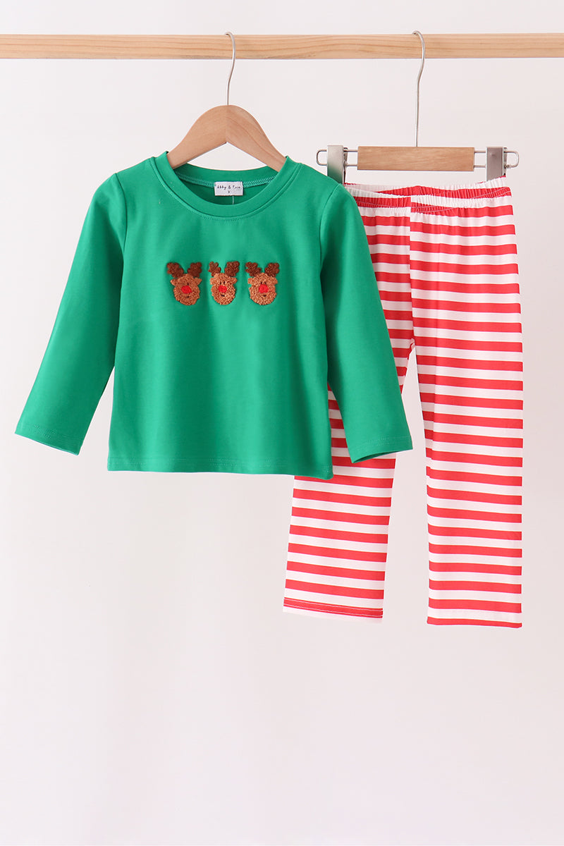 Green Reindeer French Knot Pants Set