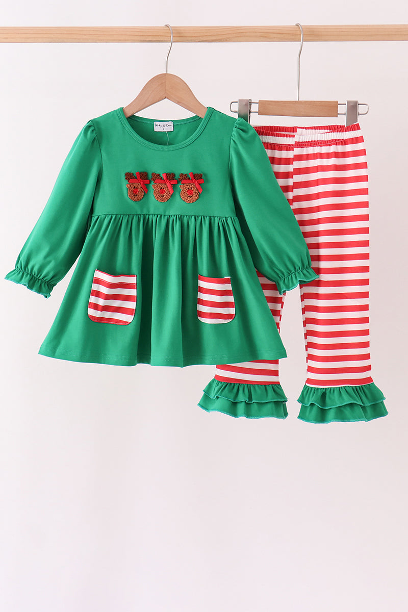 Green Reindeer French Knot Ruffle Pants Set