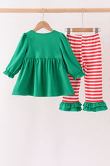 Green Reindeer French Knot Ruffle Pants Set