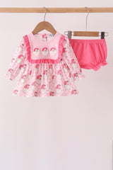 Pink Santa French Knot Ruffle Bloomer Set
