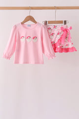 Pink Santa French Knot Ruffle Skorts Set