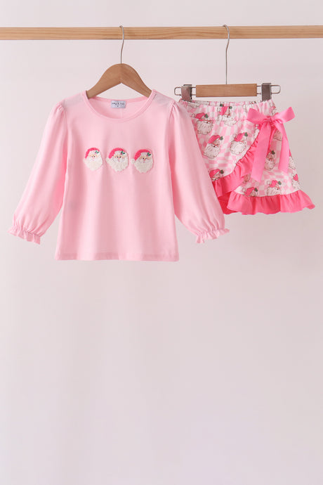 Pink Santa French Knot Ruffle Skorts Set