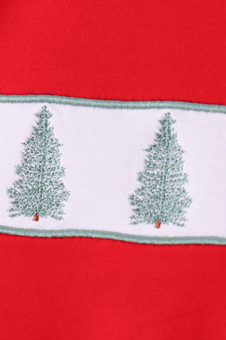 Red Christmas Tree Embroidery Stripe Pants Set