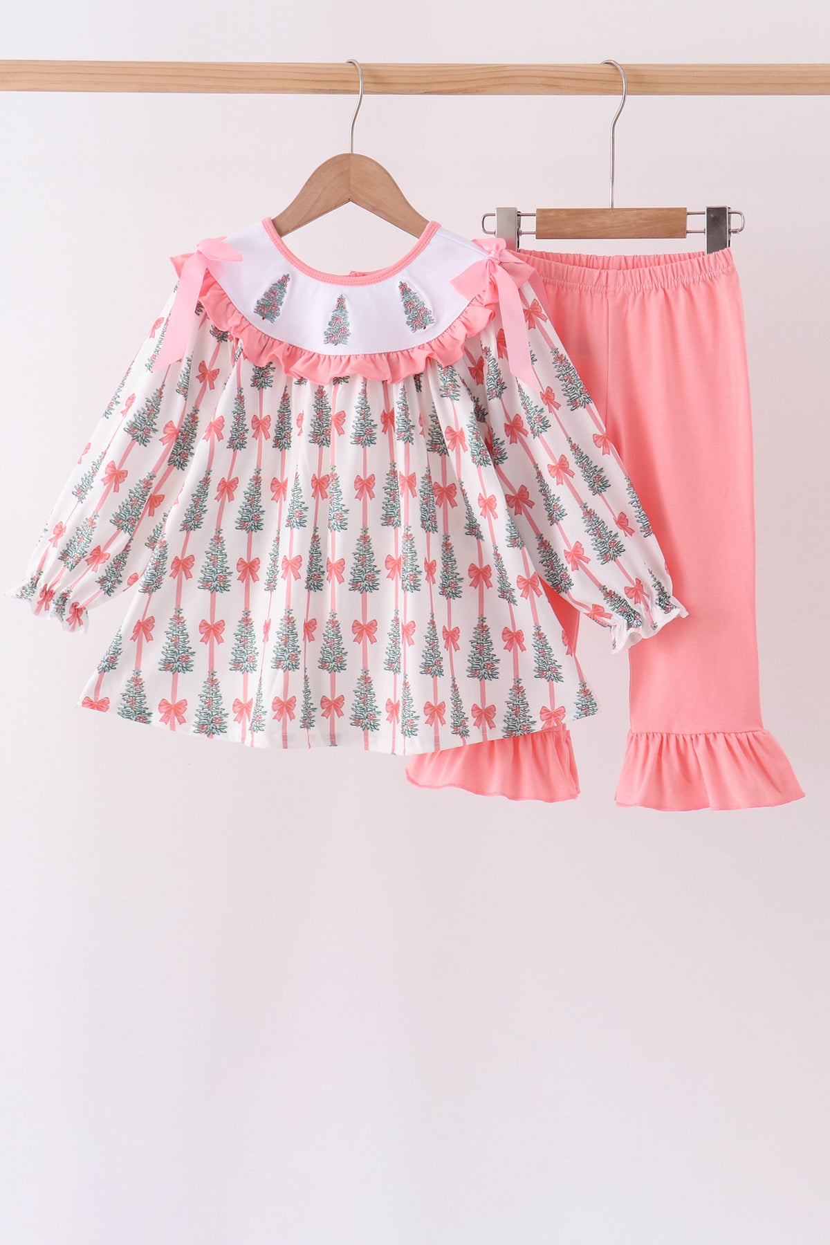 Pink Christmas Tree Embroidery Ruffle Pants Set