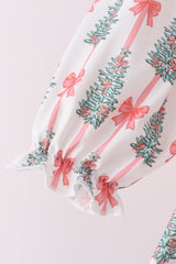 Pink Christmas Tree Embroidery Ruffle Pants Set