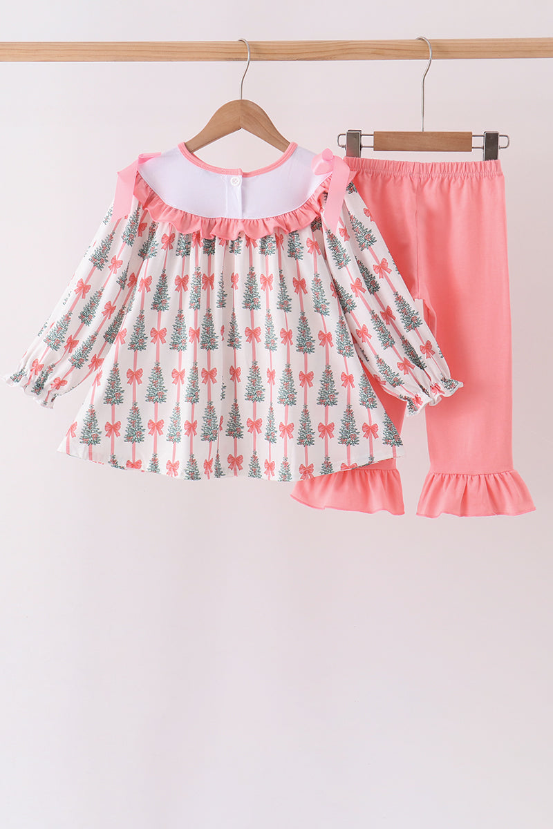 Pink Christmas Tree Embroidery Ruffle Pants Set
