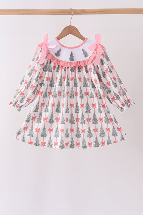 Pink Christmas Tree Embroidery Ruffle Dress
