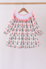 Pink Christmas Tree Embroidery Ruffle Dress