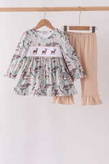 Hunting Deer Embroidery Ruffle Pants Set