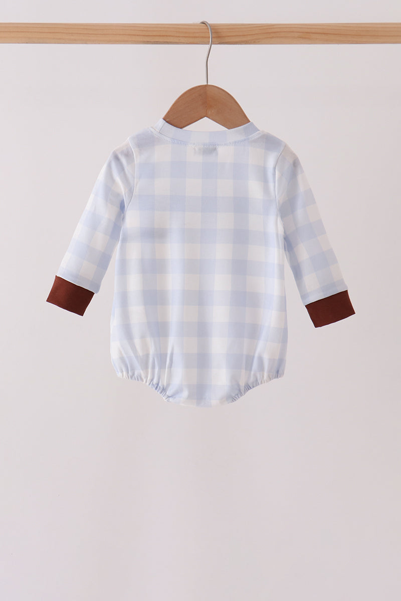 Blue Puppy Embroidery Gingham Bubble