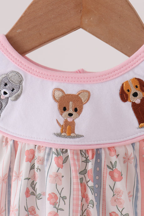Pink Floral Puppy Embroidery Bow Bubble