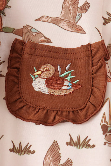 Brown Duck Embroidery Ruffle Romper