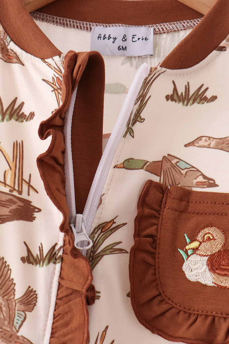 Brown Duck Embroidery Ruffle Romper