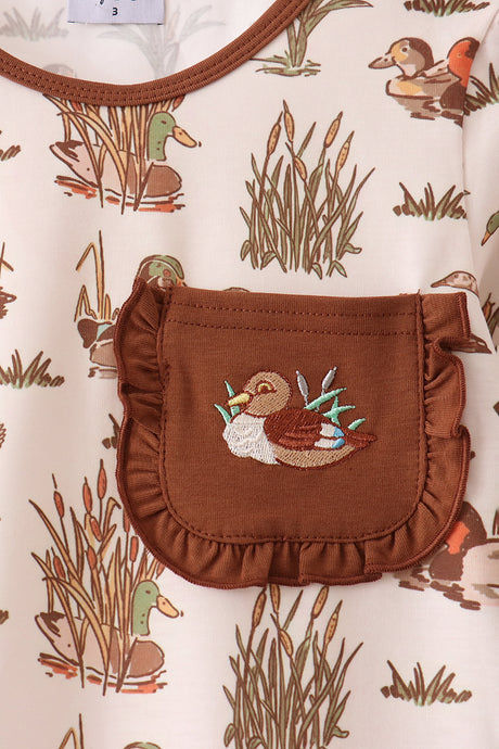 Brown Duck Embroidery Ruffle Pants Set