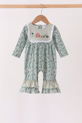 Green Farm Floral Embroidery Ruffle Romper