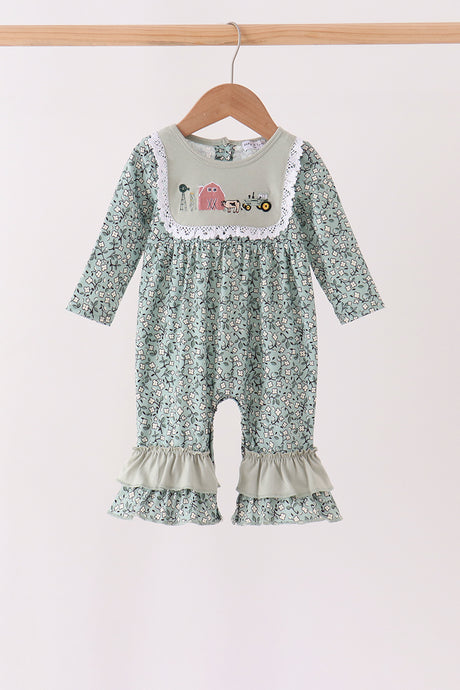 Green Farm Floral Embroidery Ruffle Romper