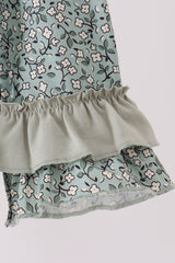 Green Farm Floral Embroidery Ruffle Romper