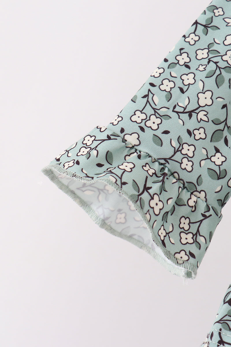 Green Farm Floral Embroidery Ruffle Pants Set