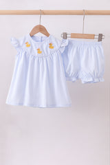 Blue duck embroidery stripe ruffle girl set