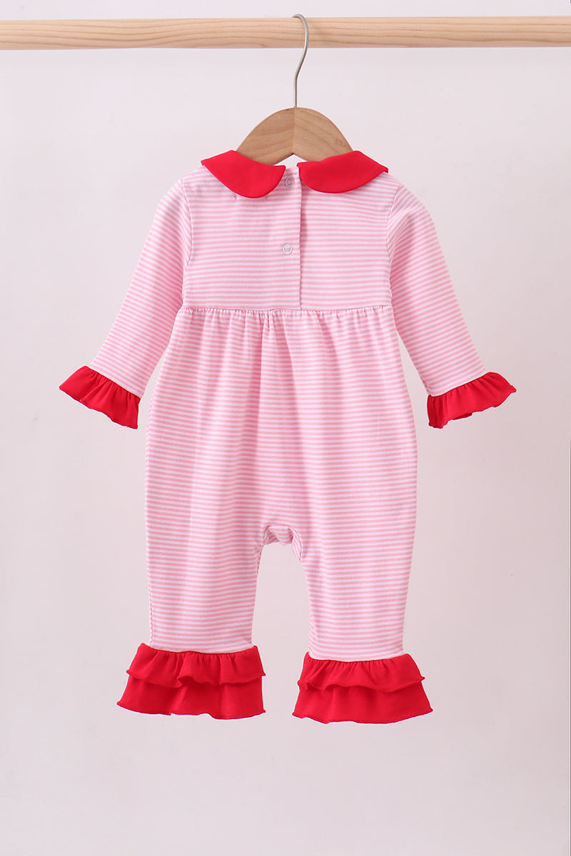 Red valentine's day heart embroidery ruffle romper
