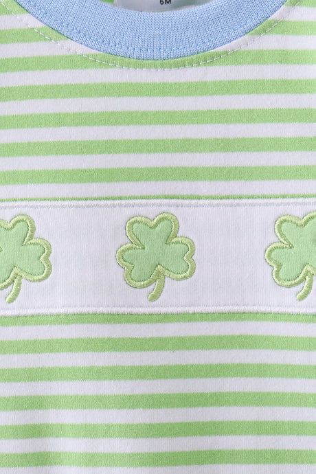Green clover embroidery stripe romper