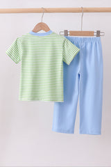 Green clover embroidery stripe pants set