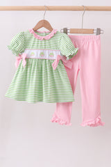 Green clover embroidery stripe bow pants set