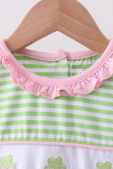 Green clover embroidery stripe bow pants set