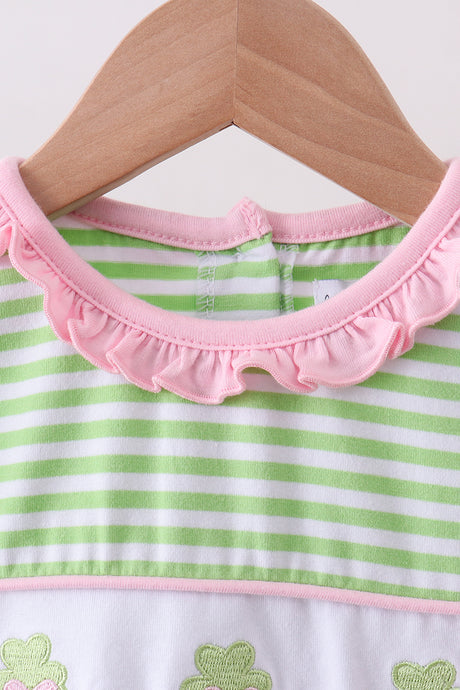 Green clover embroidery stripe bow pants set