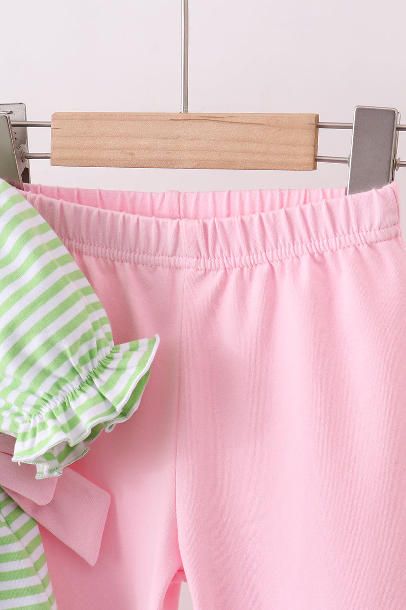 Green clover embroidery stripe bow pants set