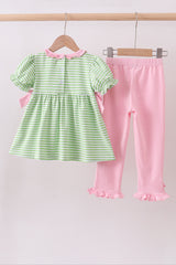 Green clover embroidery stripe bow pants set