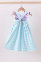 Blue octopus embroidery stripe ruffle dress