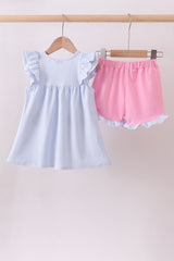 Blue watermelon stripe ruffle shorts set